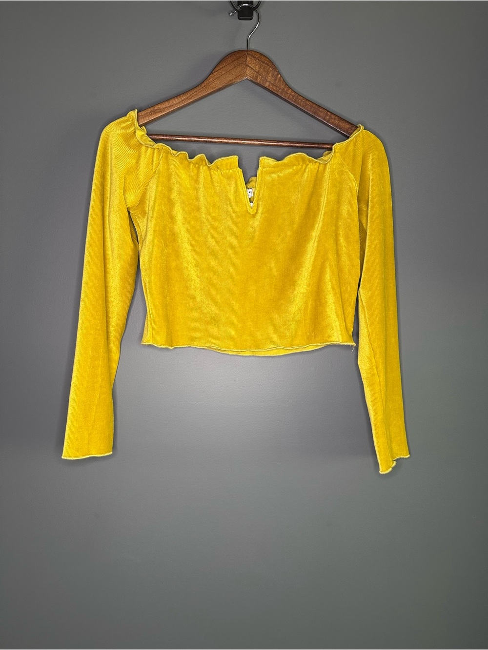 FAVLUX Mustard Yellow Velvet Off Shoulder Long Sleeve Crop Top Size L
